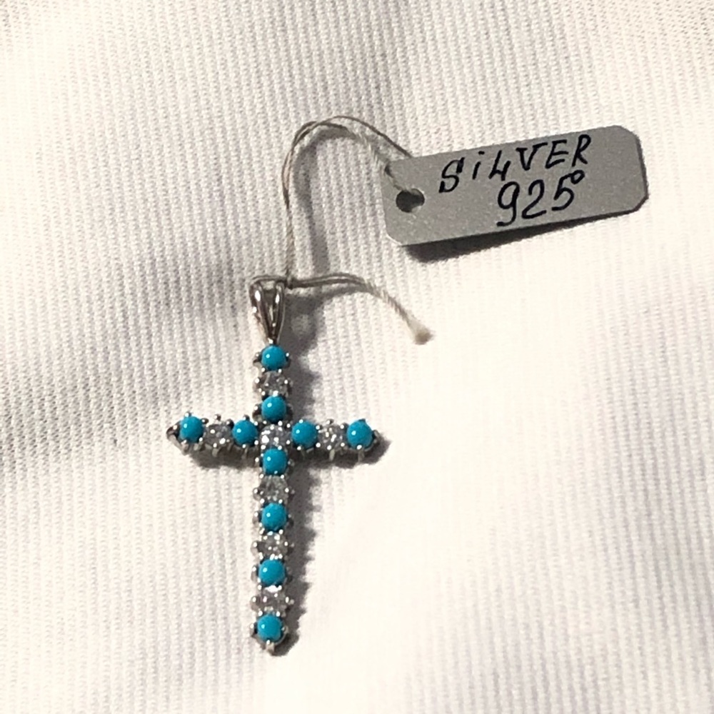 .925 Silver cross with white and blue stones